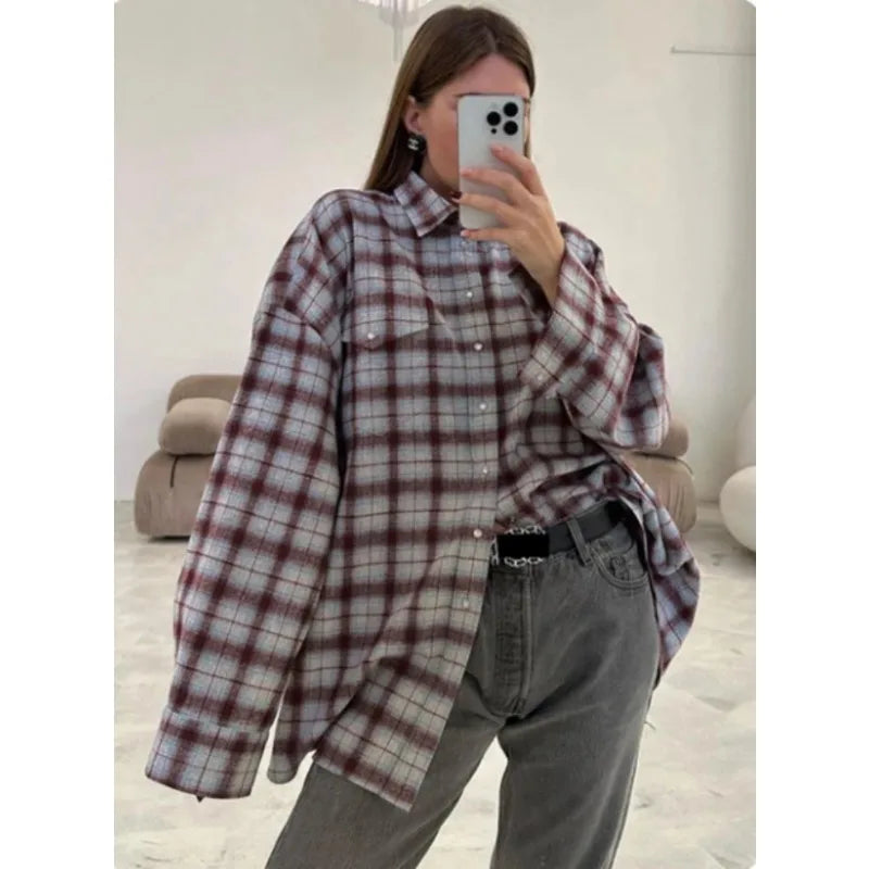 Fashion Baggy Plaid Women'S Blouse Elegant Lapel Long Sleeve Shirts And Blouses Vintage Pocket Lace-Up Top Female 2025