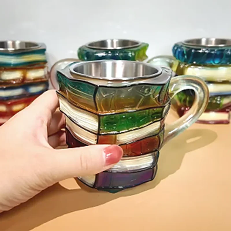 Hand-Painted Book Mug.Stacked Books Design Resin Coffee Cup with 3D Effect,Unique Novelty Gift for Book Lovers,Dishwasher Safe