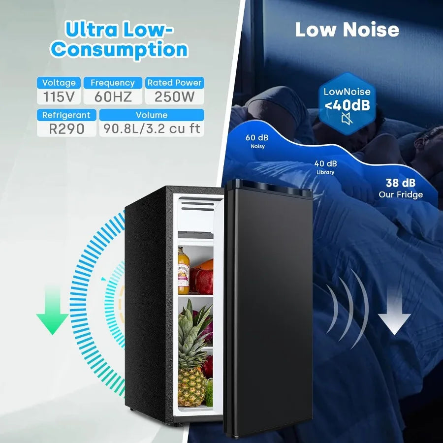 3.2 Cu.Ft Mini Fridge with Freezer Single Door Small Refrigerator in White with 7 Adjustable Thermostat Energy Saving Low Noise