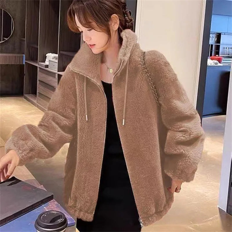 Winter Warm Double Coral Fleece Coat Women Stand Collar Plush Thick Overcoat New Fashion Loose Casual Long Sleeve Zipper Clothes