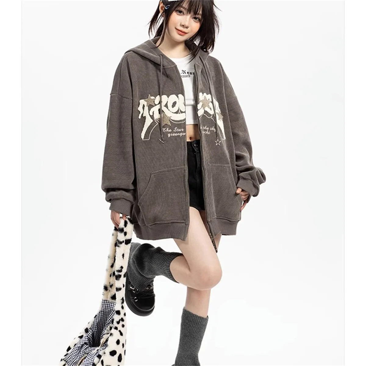 Fashion Embroidery Zip Up Hoodies Women Autumn Long Sleeve Tops Loose Hood Shirt Harajuku Y2K Clothes Female Sweatshirt Jacket