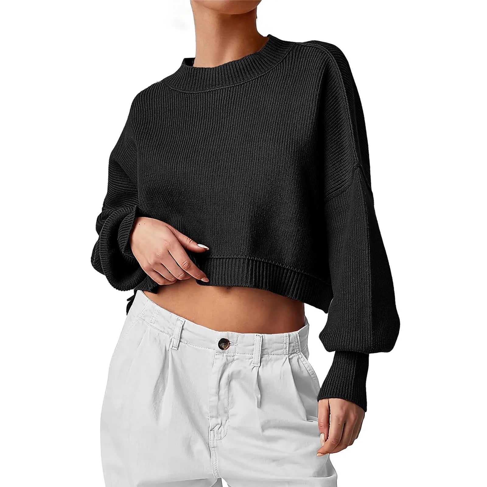 ZOMAXIUJEE 2024 Fall Cropped Knit Sweater – Crew Neck, Puff Sleeve, Oversized Pullover for Women