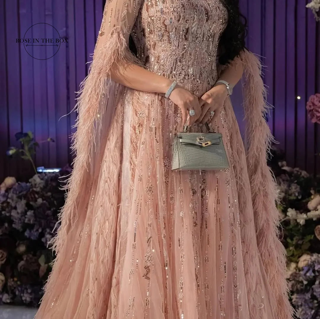 MisShow Customized Pink Feather & Beaded Evening Dress Gown with Sleeves Modest Dresses for Arabic Weddings & Royal Banquets