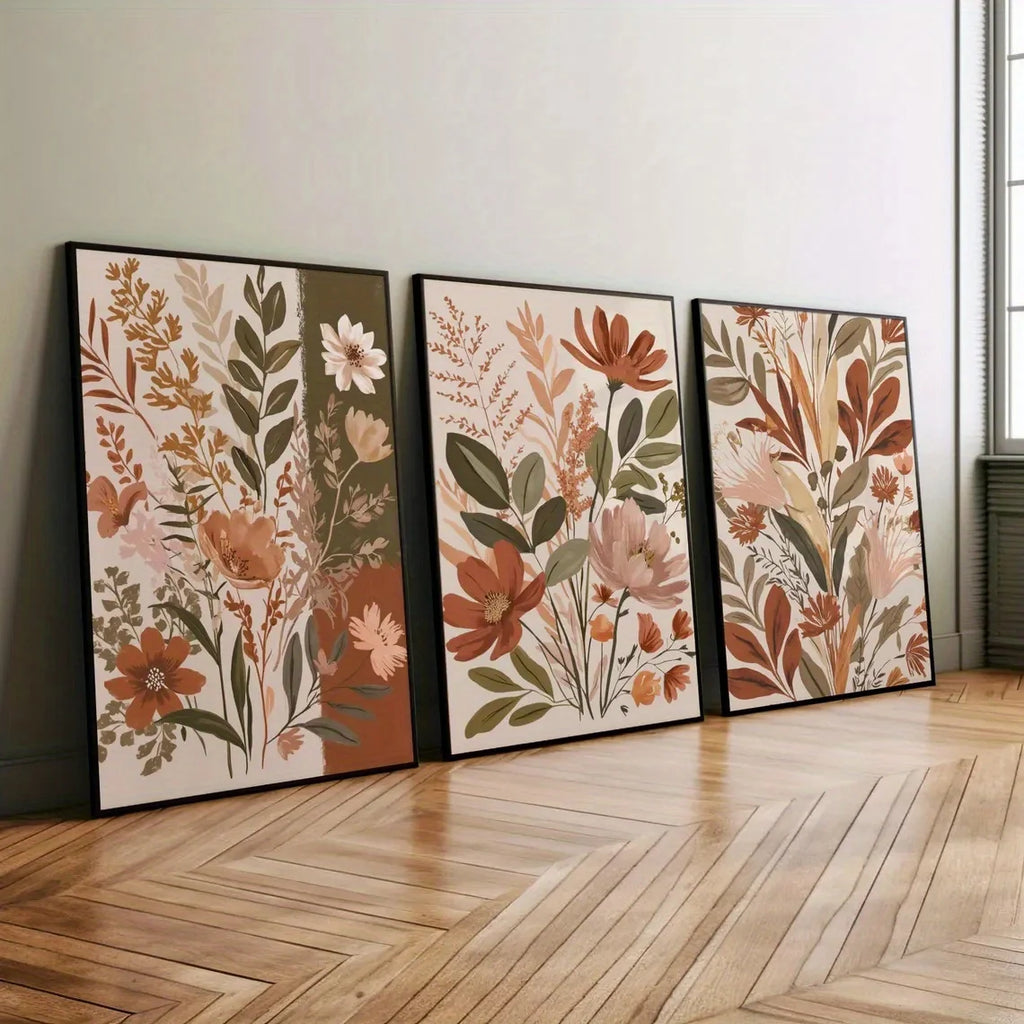3-Piece Retro Sage Green Botanical Canvas Set – Bohemian Floral Wall Art