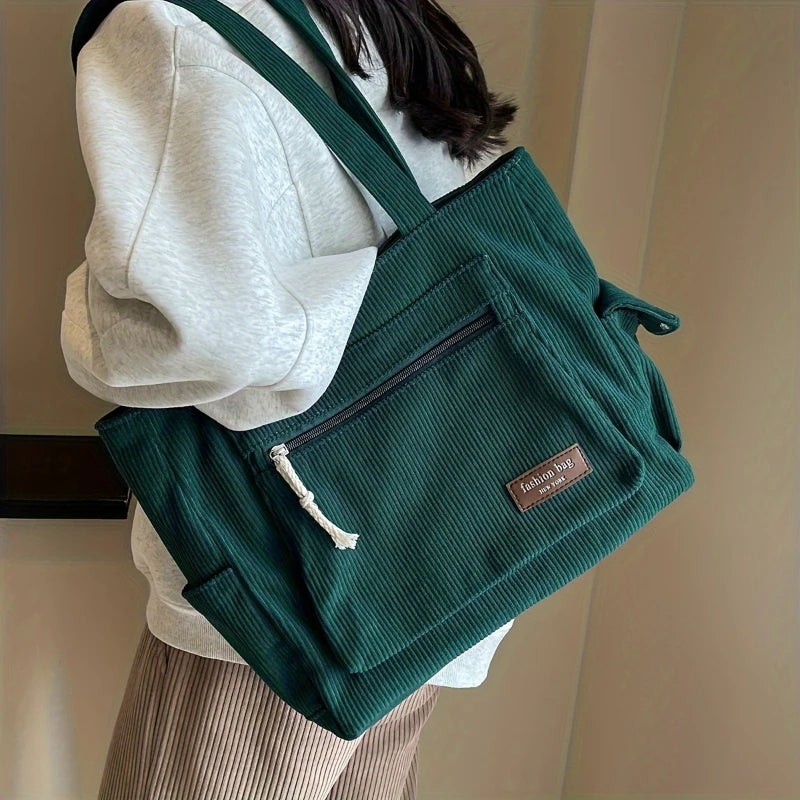 Simple Corduroy Tote Bag, Solid Color Shoulder Bag, Retro Multi Pockets Handbag For School Work Shopping