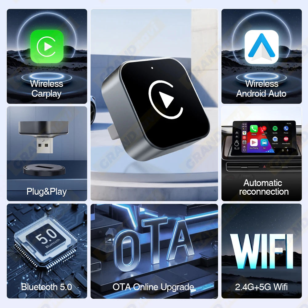 Grandnavi 2-in-1 Wireless CarPlay & Android Auto Adapter (2025 Mini USB Dongle)