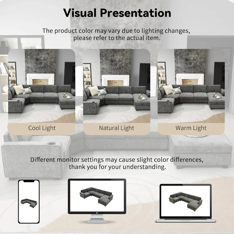 Modern U-Shaped Cloud Couch Set with Oversized Chaise Lounge, with Cup Holders for Living Room Dark Gray