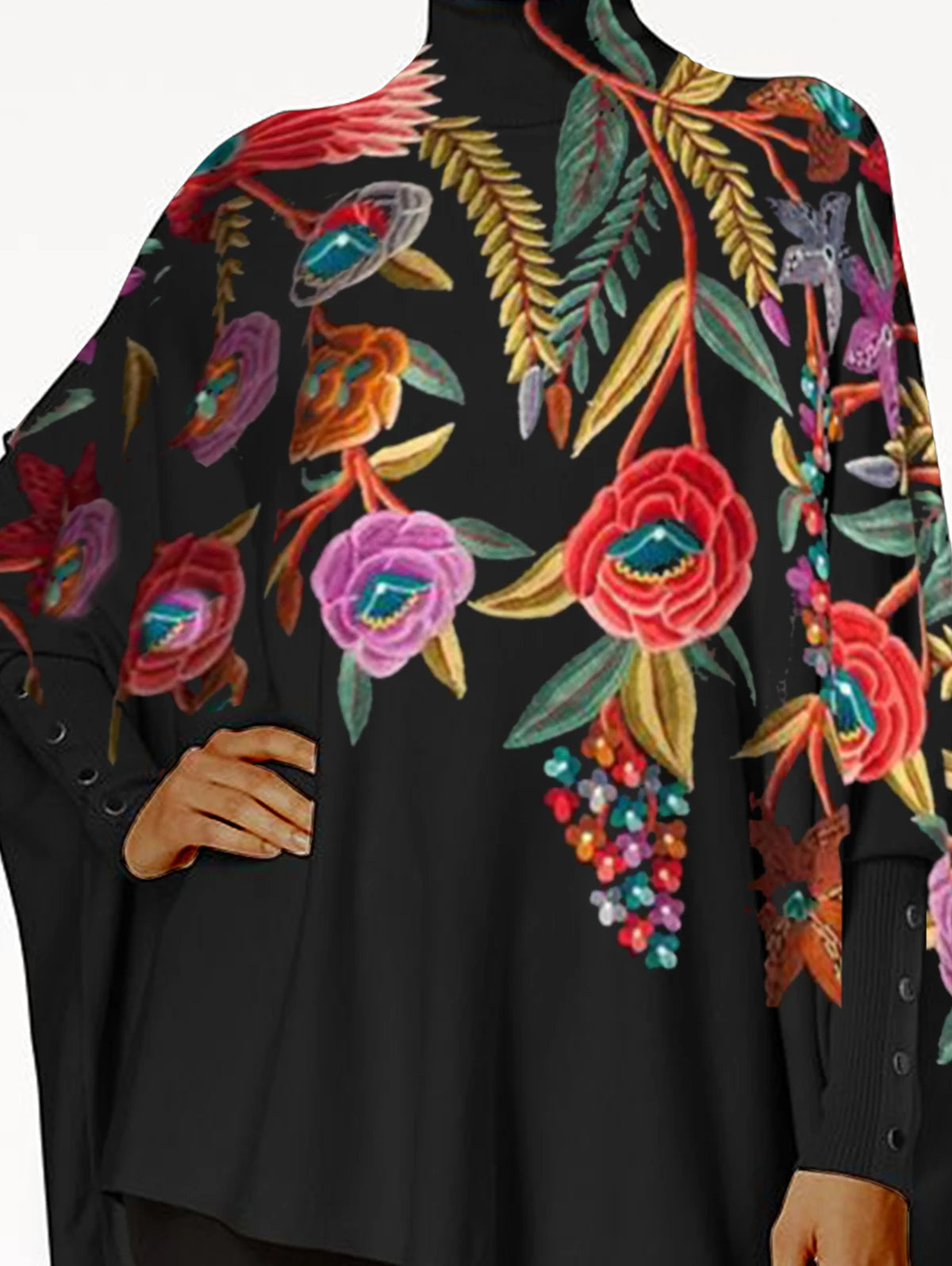 Turtleneck Floral Printed Women Plus Size Tee Top Casual Vintage Casual Smock Top Spring High Street Irregular Hem Loose T Shirt