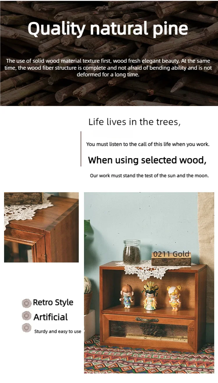 Nordic solid wood retro wooden double door display cabinet miscellaneous cosmetics storage cabinet drawer desktop storage box