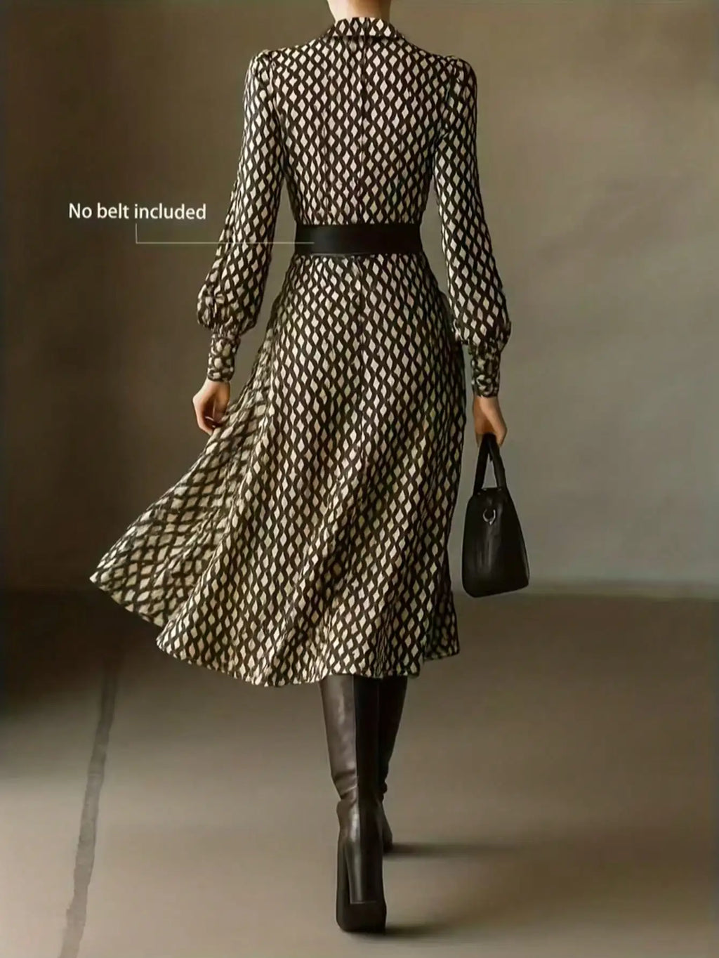 Women's V-Neck Long Sleeve Geometric Print Midi Dress, Elegant Casual Style