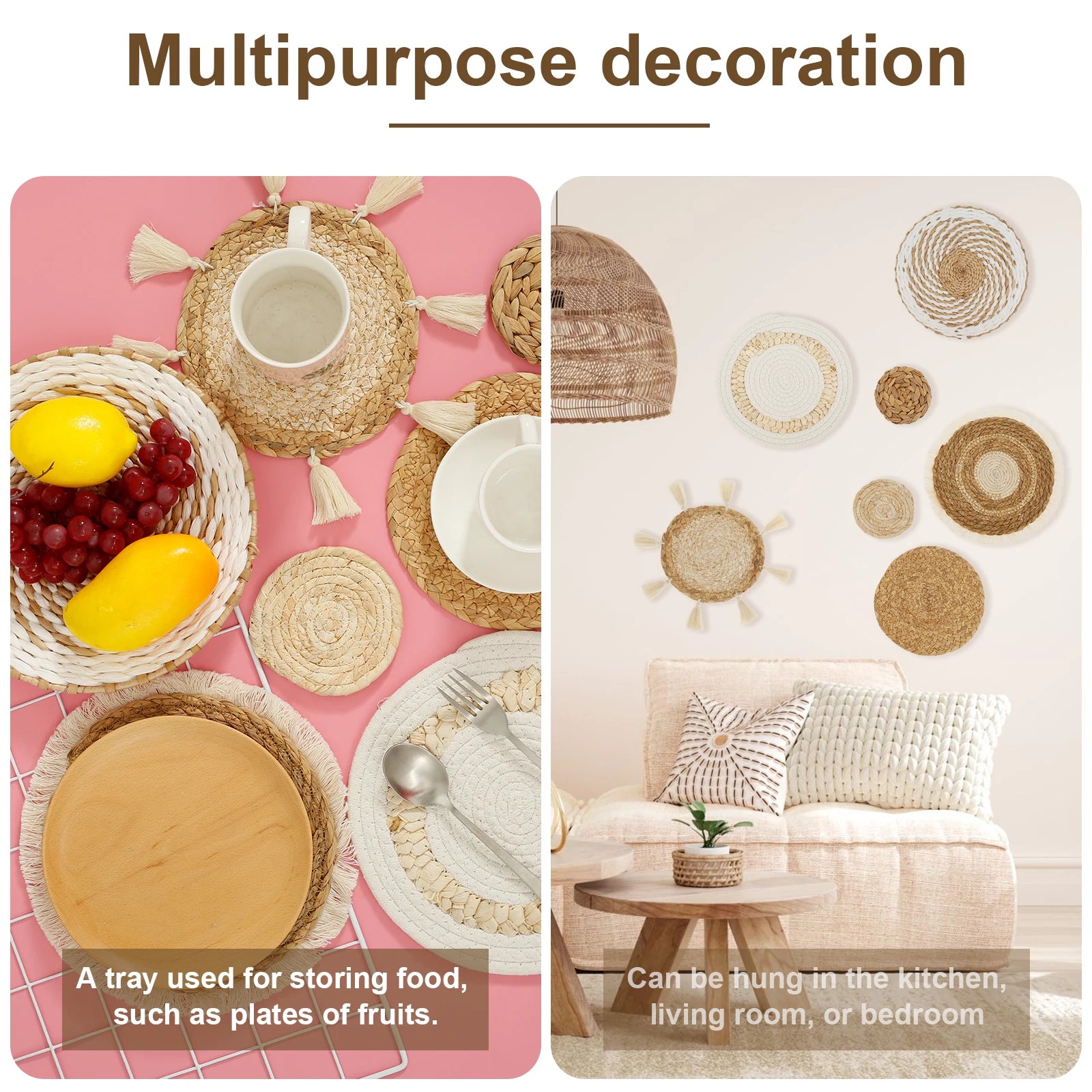 7-Piece Hanging Woven Wall Basket Set – Handmade Boho Farmhouse Décor