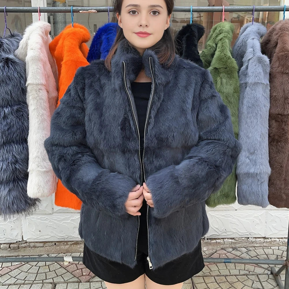 Natural Rabbit Fur Coat Women Winter Jacket Real Leather And Fur Bolero Women's Clothing Female Outerwears With 2025 Black Cold
