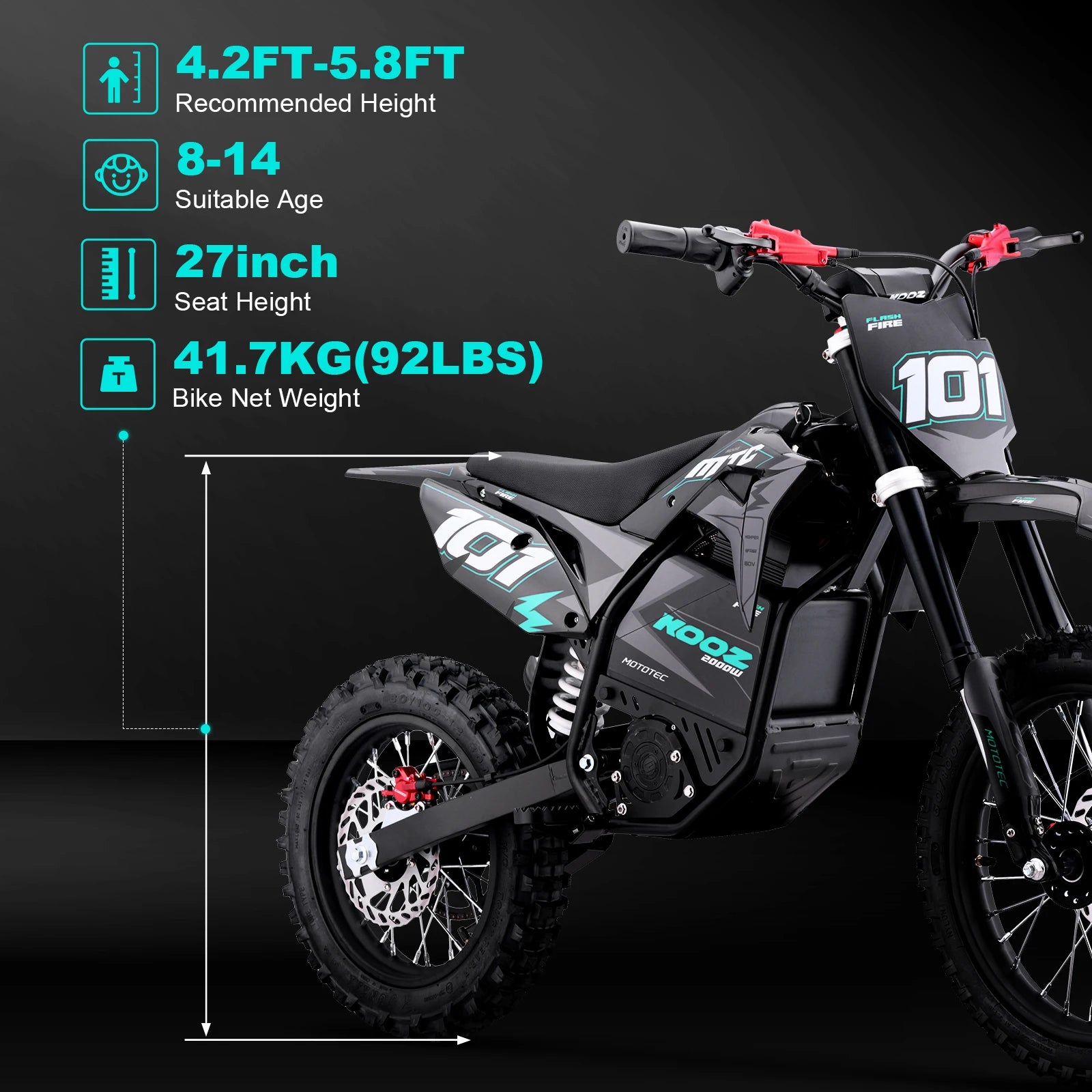 KOOZ HP115E 60V 2000W Electric Dirt Bike | Hydraulic Brakes & 14" Fat Tires E-Moto for All Terrain