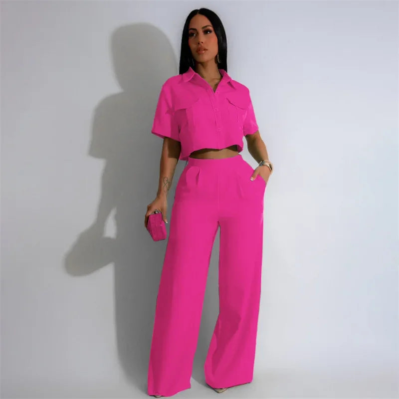 Solid Elegant Pant Sets Womens 2 Piece Outfit Summer 2026 Turn-down Collar Button Up Pockets Shirt Top and Wide Leg Pants Suit