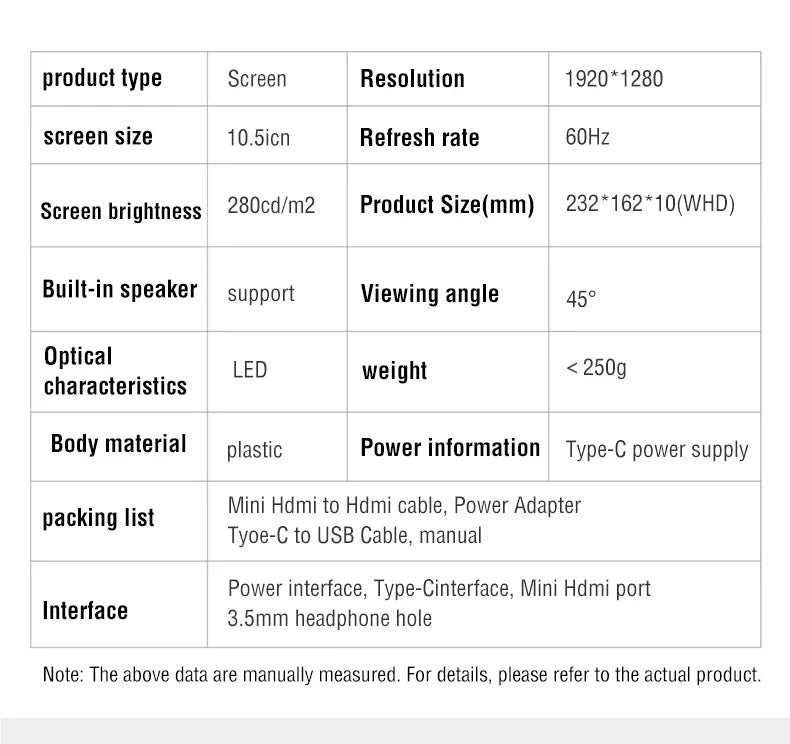 Anmite 10.5-Inch Portable Monitor 1280P HDR | 16:10 IPS Display