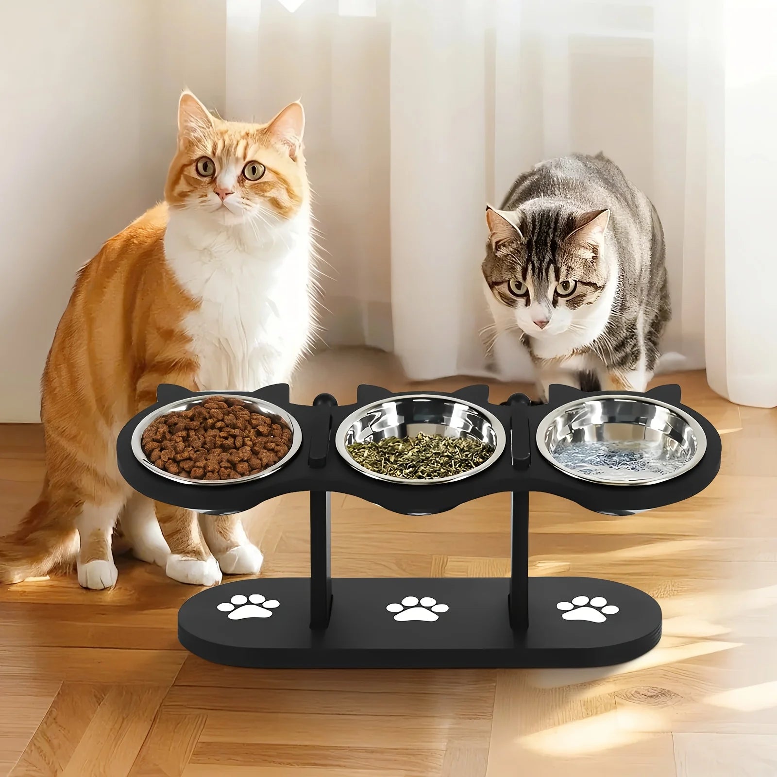 Elevated Cat Bowls 15° Tilted Raised Cat Food Bowls with Wooden Stand Anti Vomiting 3 Stainless Steel Bowls for Cats and Puppy