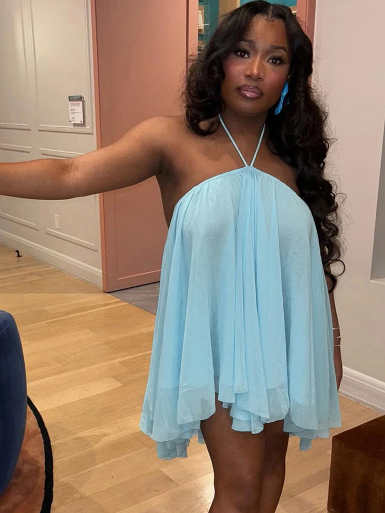 Nibber Asymmetrical Hem Dress Women Halter Bandage Sleeveless Backless Solid Beach Party Sexy 2026 Summer New Trend Mini Bodycon