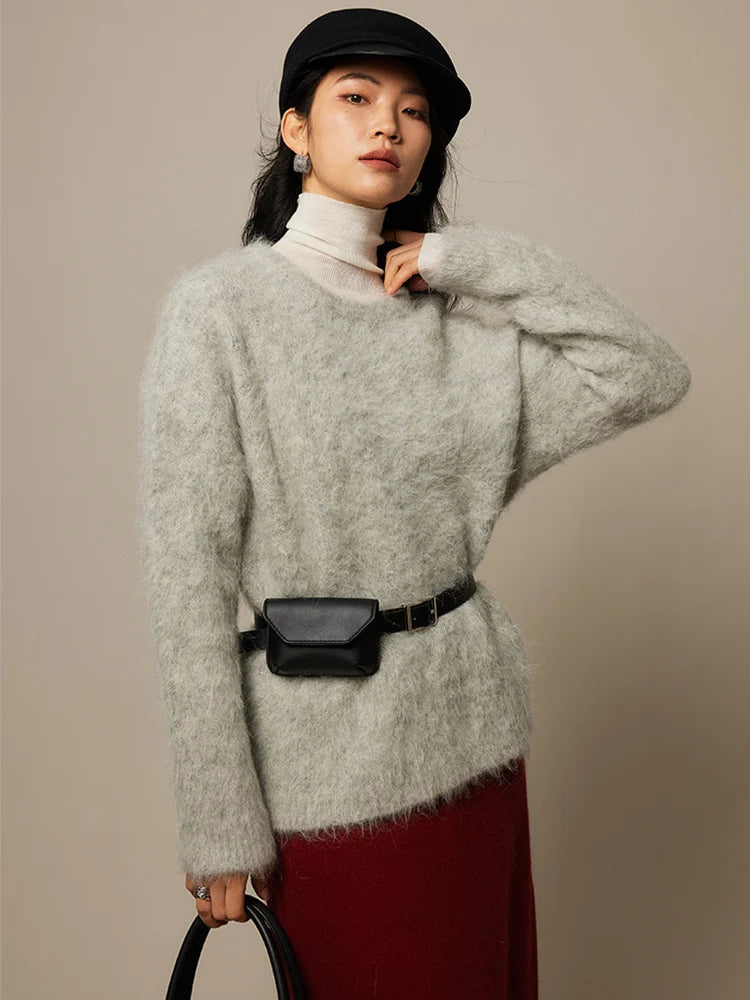 SuyaDream Warm Alpaca Pullovers for Woman, Dropped Sleeved Loose Sweaters, 2025 Fall Winter Top, Camel, Beige