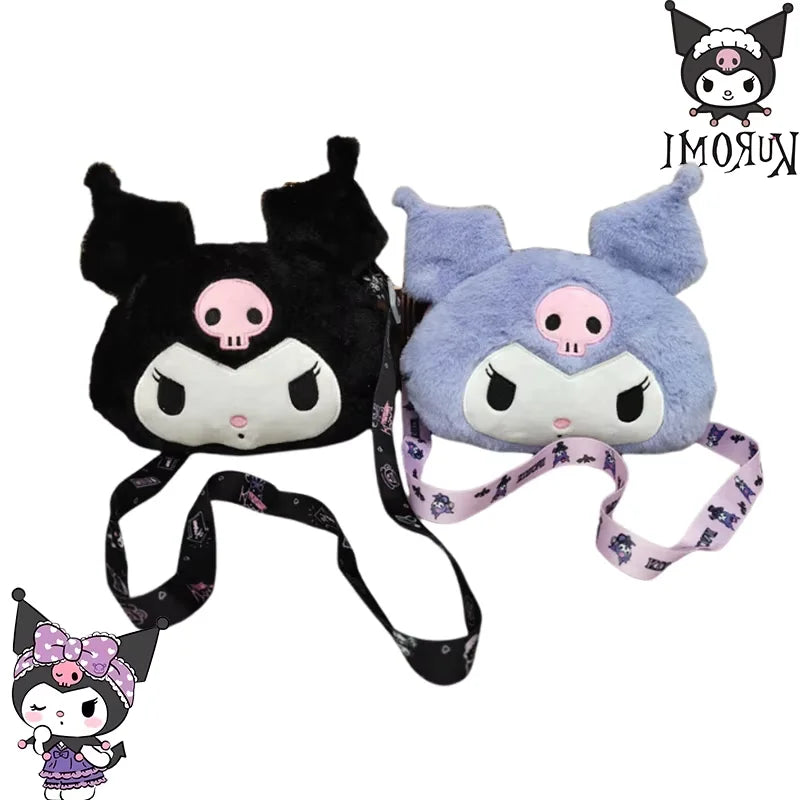 New Sanrio Cartoon Kuromi Skull Plush Bag Shoulder Bag Girl Cute Sweet Girl Heart Handbag Crossbody Bag Plush Money Storage Bag