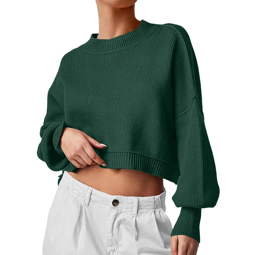 ZOMAXIUJEE 2024 Fall Cropped Knit Sweater – Crew Neck, Puff Sleeve, Oversized Pullover for Women