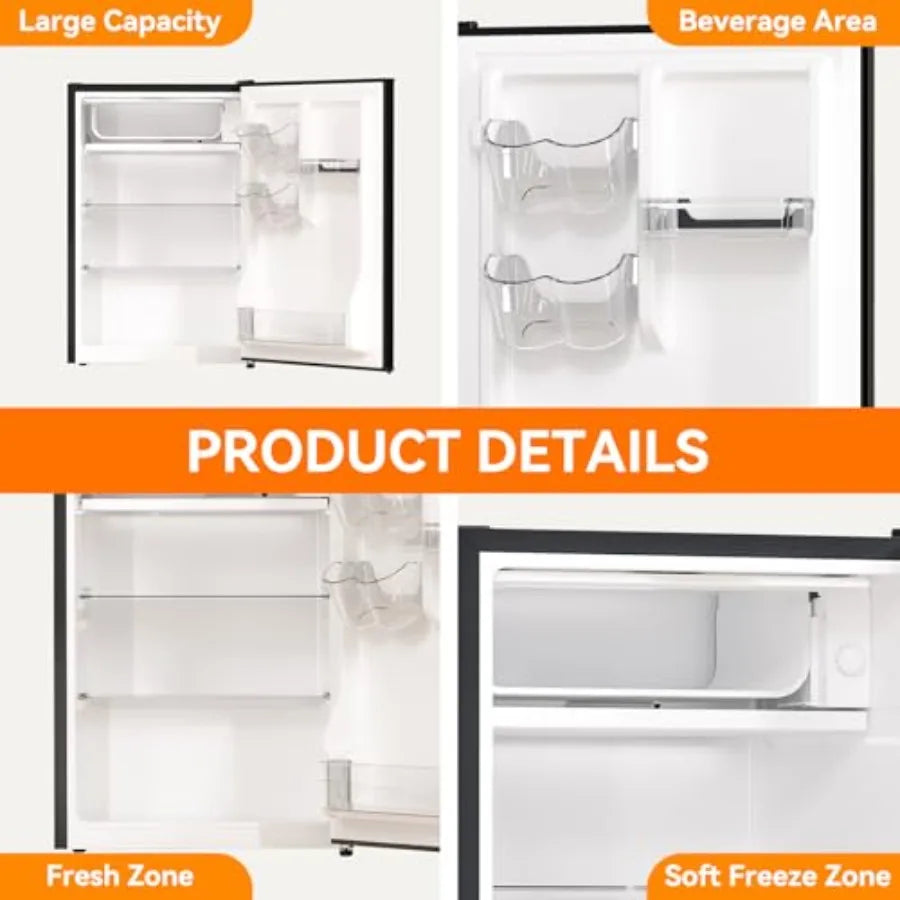 2.6 Cu.Ft Mini Fridge for Bedroom and Office Use Compact Refrigerator with Freezer Compartment Reversible Door Design Adjustabl
