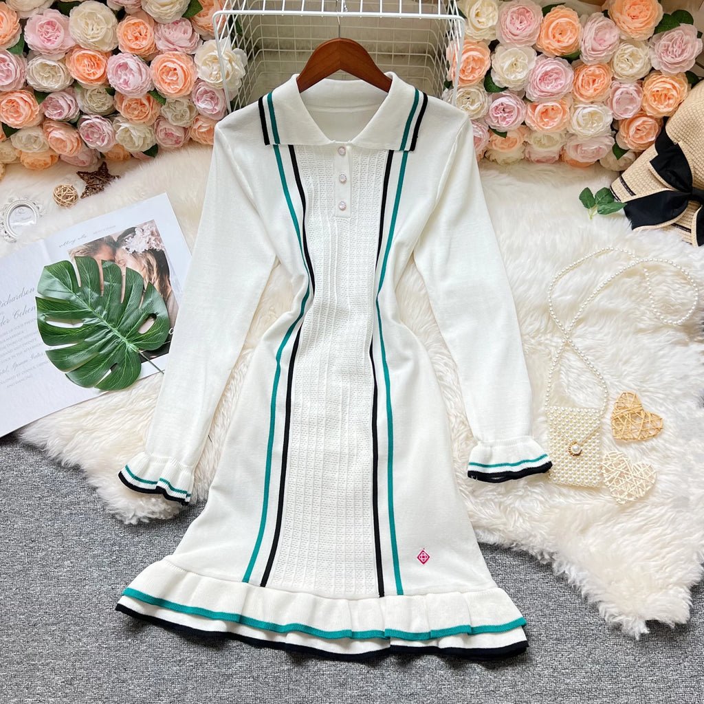 YuooMuoo Chic Fashion Sexy Package Hips Knitted Mini Dress 2026 Summer Vintage Turn-down Collar Ruffled Party Dress Streetrwear