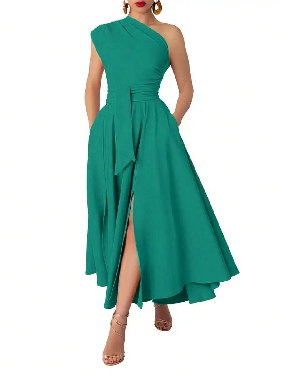 Women's Black Asymmetrical One-Shoulder Maxi Dress with Side Slit and Waist Tie