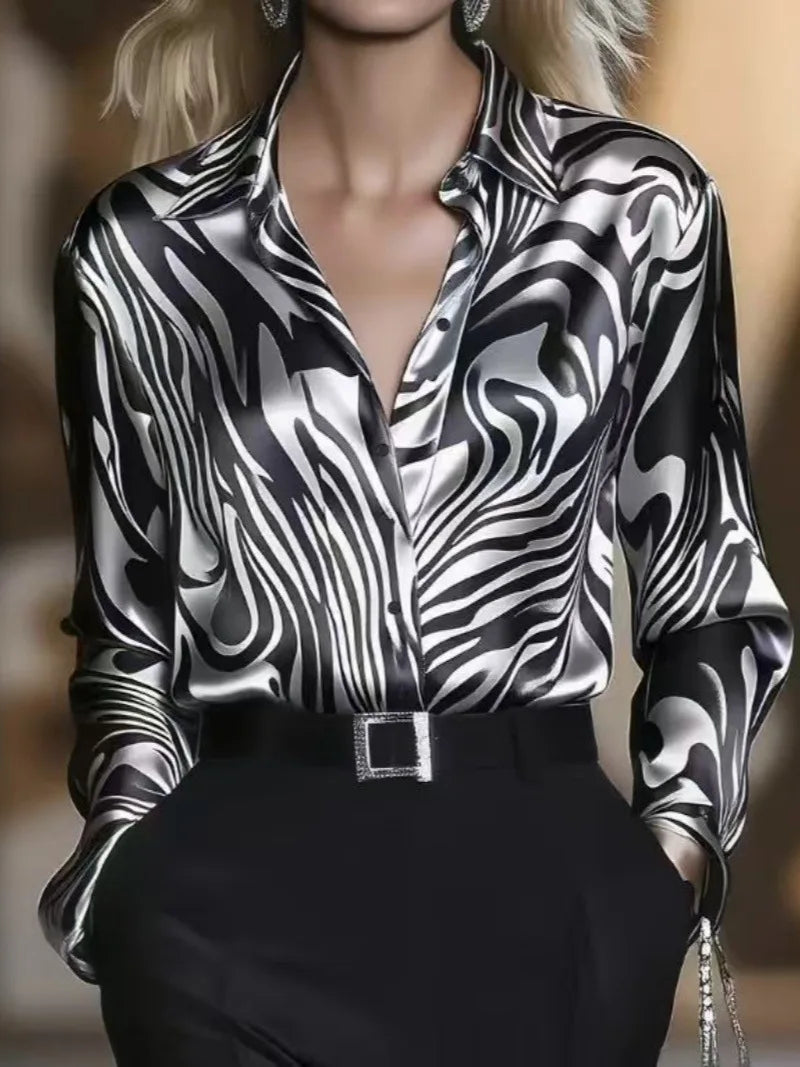 Casual Solid Color Autumn Winter New Style Fashionable Elegant Zebra Print Commuter Style Tops Long Sleeve Lapel Satin Clothes