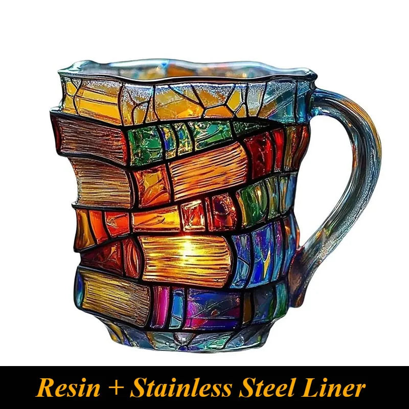 Hand-Painted Book Mug.Stacked Books Design Resin Coffee Cup with 3D Effect,Unique Novelty Gift for Book Lovers,Dishwasher Safe