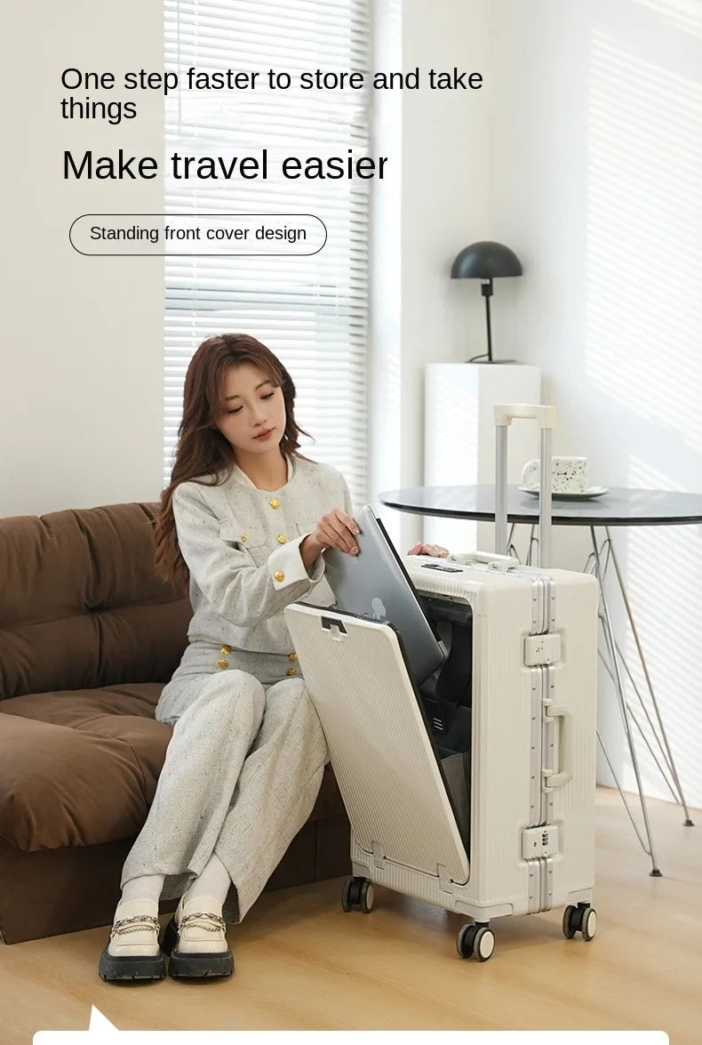 Suitcase Front Opening Pocket Aluminum Alloy Frame Rolling Luggage with USB Charging Plug Trolley Carry-on Case Bag with Wheel