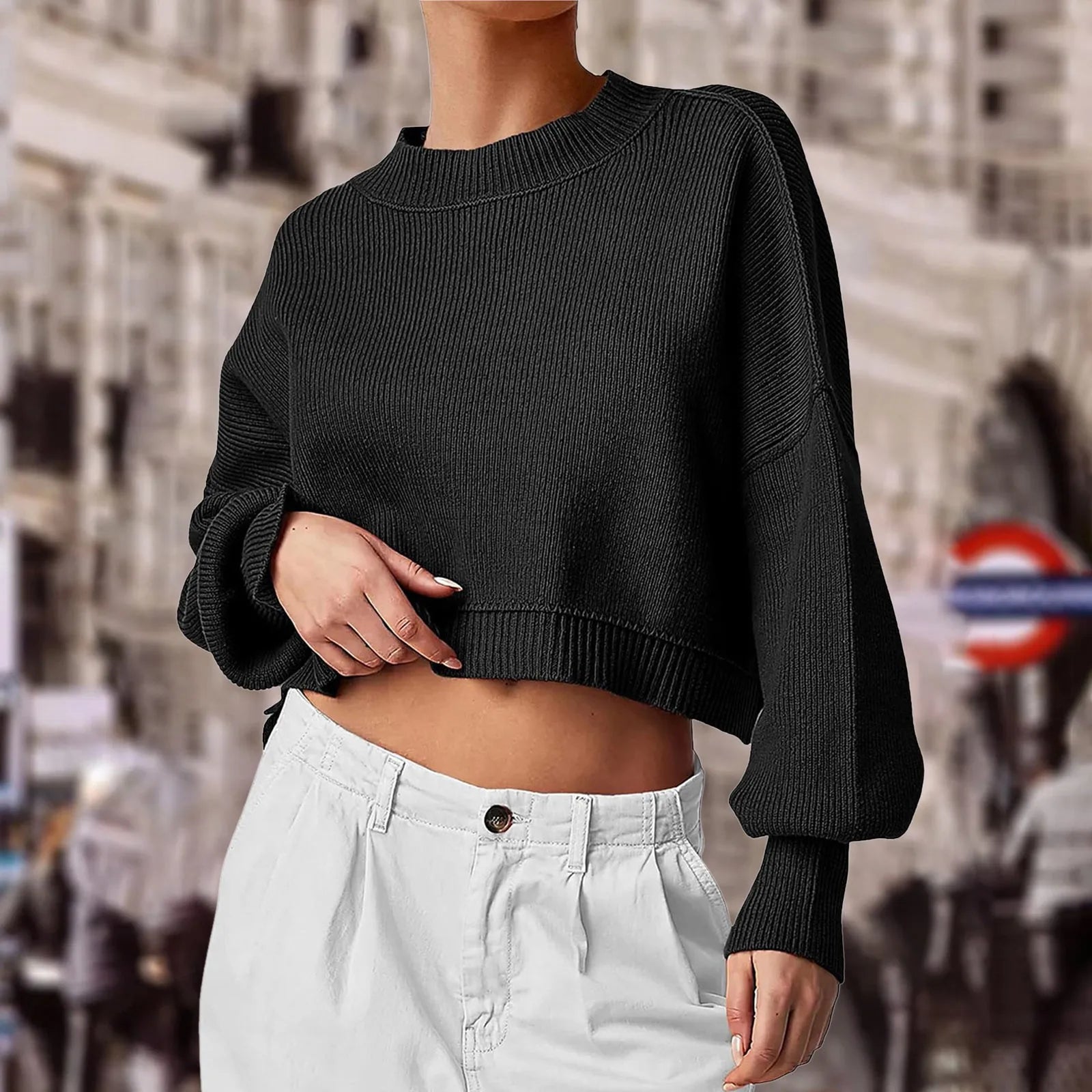 ZOMAXIUJEE 2024 Fall Cropped Knit Sweater – Crew Neck, Puff Sleeve, Oversized Pullover for Women