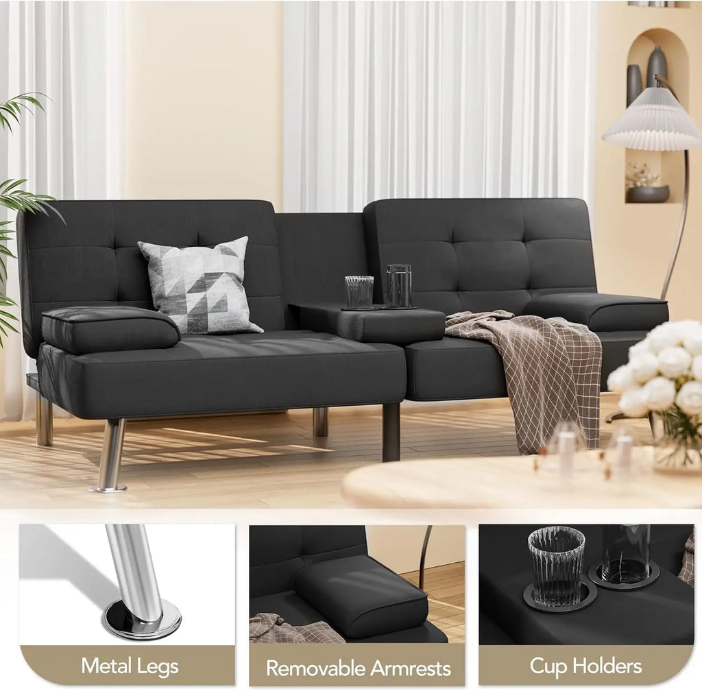 Modern Linen Upholstered Convertible Folding Futon Sofa Bed with Removable Armrests, Metal Legs, 2 Cup Holders for Living Room