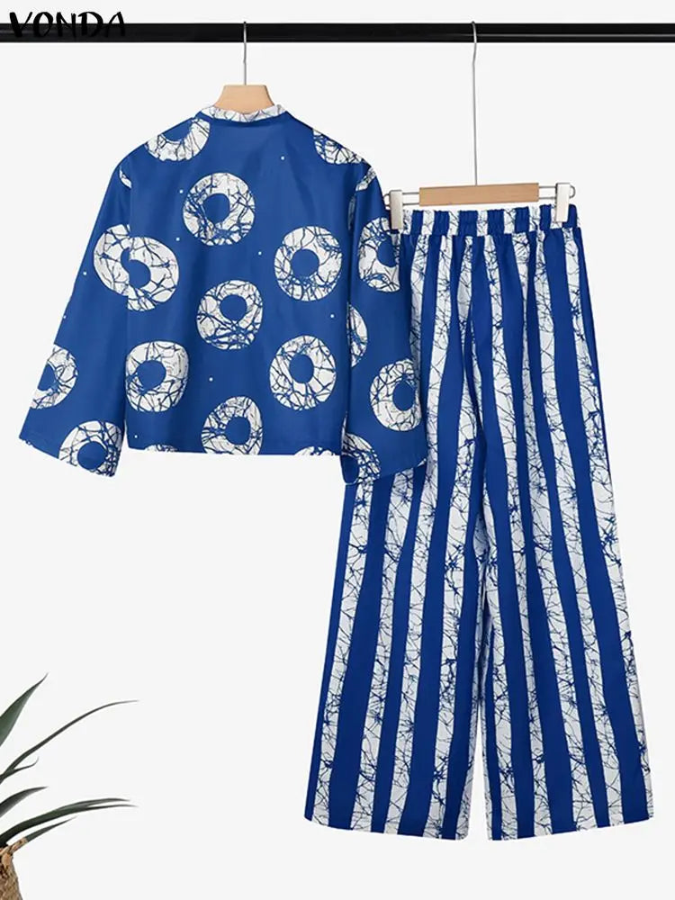 5XL VONDA Plus Size 2 Piece Outfits Autumn Women Bohemian 3/4 Sleeve Fashion Shirts Wide Leg Pants Print Vintage Pant Sets 2PCS