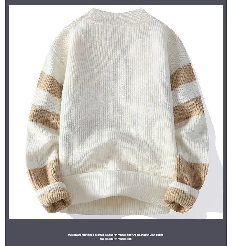 Autumn Winter New Men Sweater Mock Neck Patchwork Contrast Color Trend Youth Fashion Thicken Long Sleeve Pullovers Knitted Tops