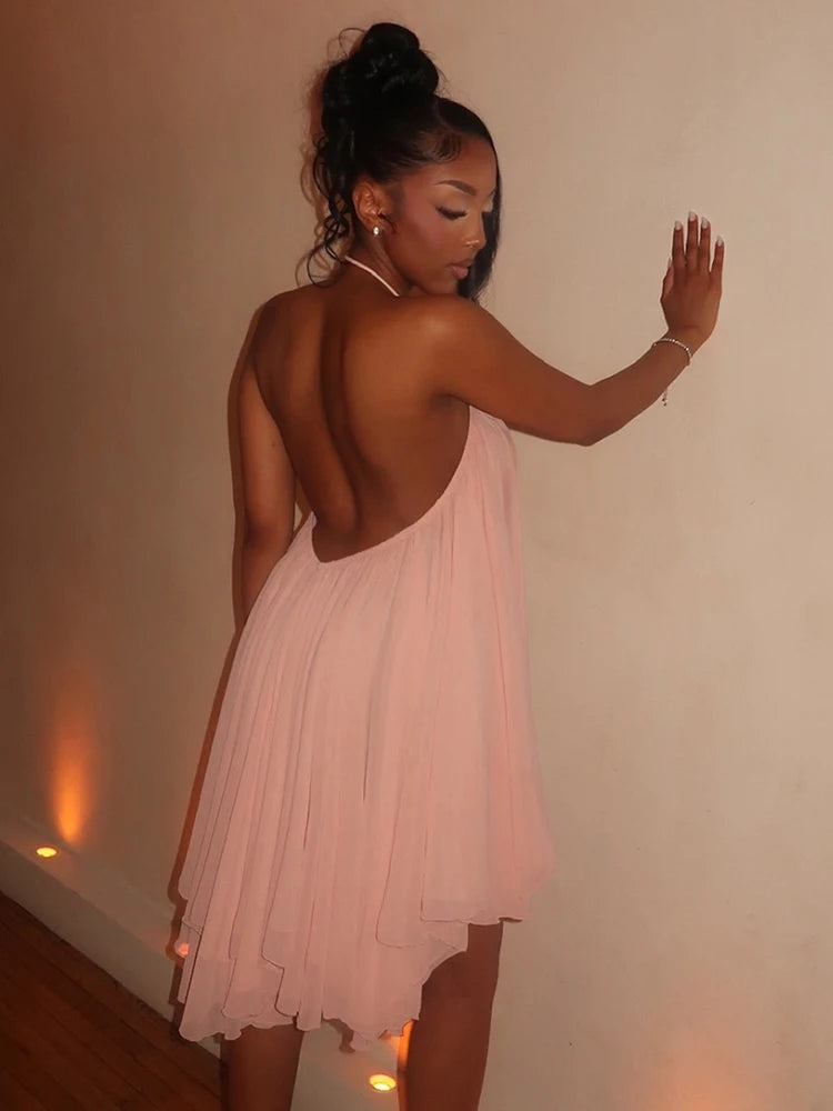 Nibber Asymmetrical Hem Dress Women Halter Bandage Sleeveless Backless Solid Beach Party Sexy 2026 Summer New Trend Mini Bodycon