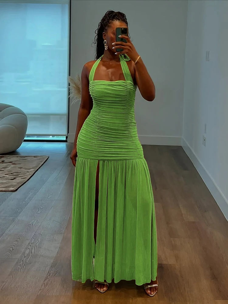 Nibber See Through Hem Dress Women Ruched Halter Summer Trend Sleeveless Backless Patchwork Midnight Clubwear Party Maxi Bodycon