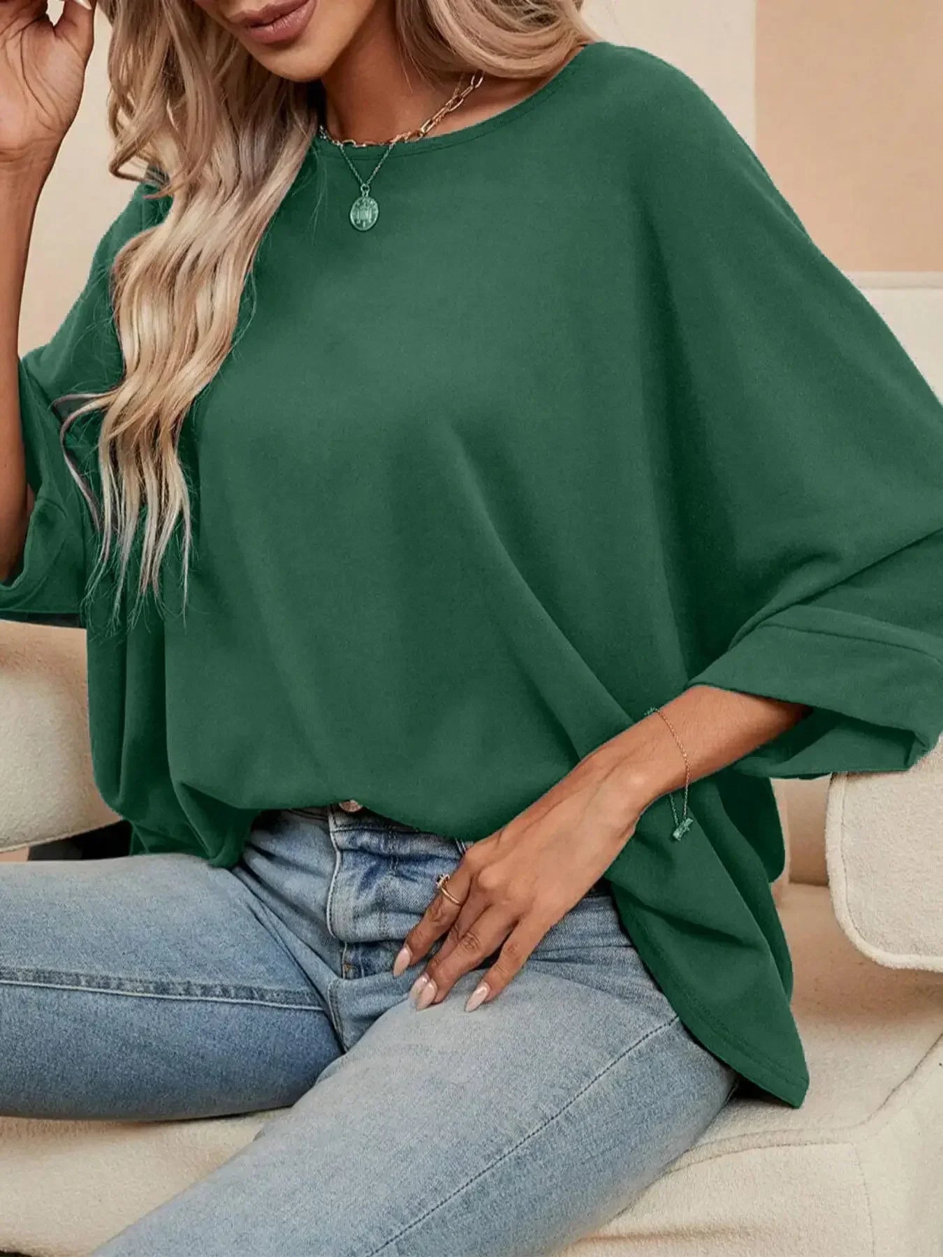 Plus Size Women's Fashionable  Spring Autumn Long Sleeved T-shirt Ladies Casual O-neck Solid Color Bat Sleeve T-shirt Loose Tops
