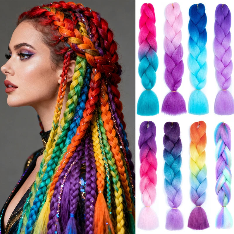 24Inch Synthetic Long Straight Yaki Braids Hair Ombre Braiding Hair Jumbo Rainbow Braid Hair Extension for Women DIY Hair