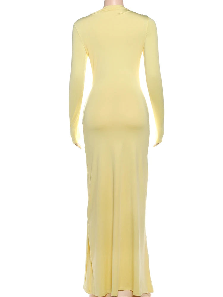 Weird Puss Ruched Elegant Maxi Dress Women Daily Casual Fashion Skinny Full Sleeve Solid Gown Midnight Prom Party Long Bodycon