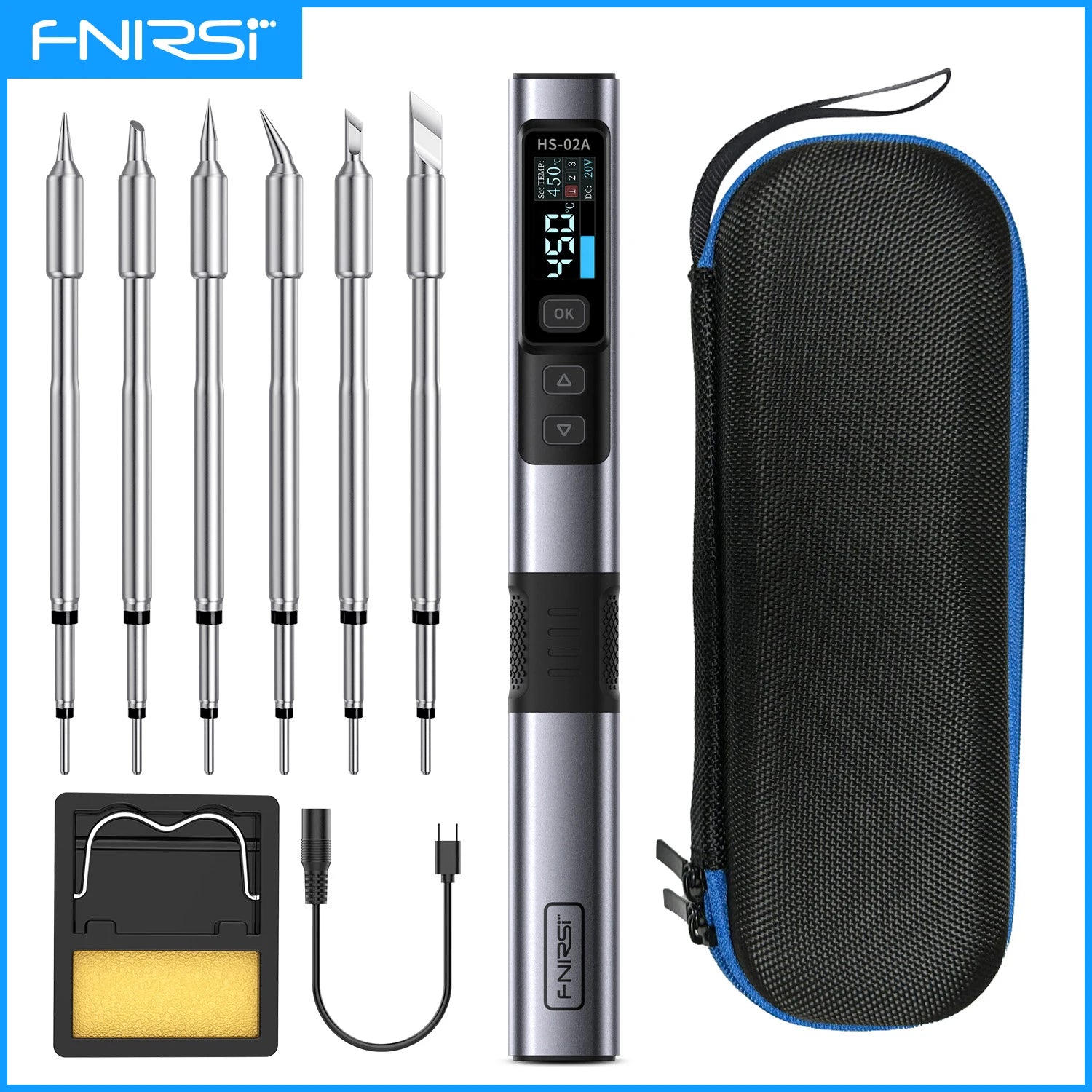 FNIRSI HS-02 Adjustable Temperature Soldering Iron DC 20V 100-450℃ Welding Solder Rework Station PD 100W Portable Repair Tool