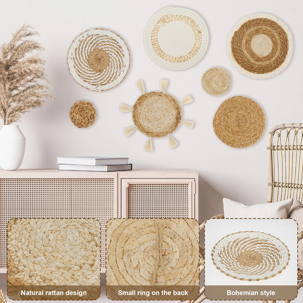 7-Piece Hanging Woven Wall Basket Set – Handmade Boho Farmhouse Décor