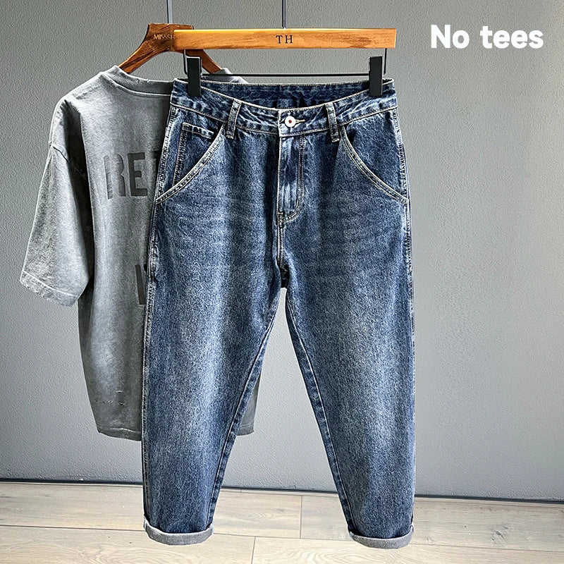 Men's Jeans Streetwear Fashion Tapered Pants Blue Casual Personality Vintage Male Clothing Slim Denim Trousers Brands