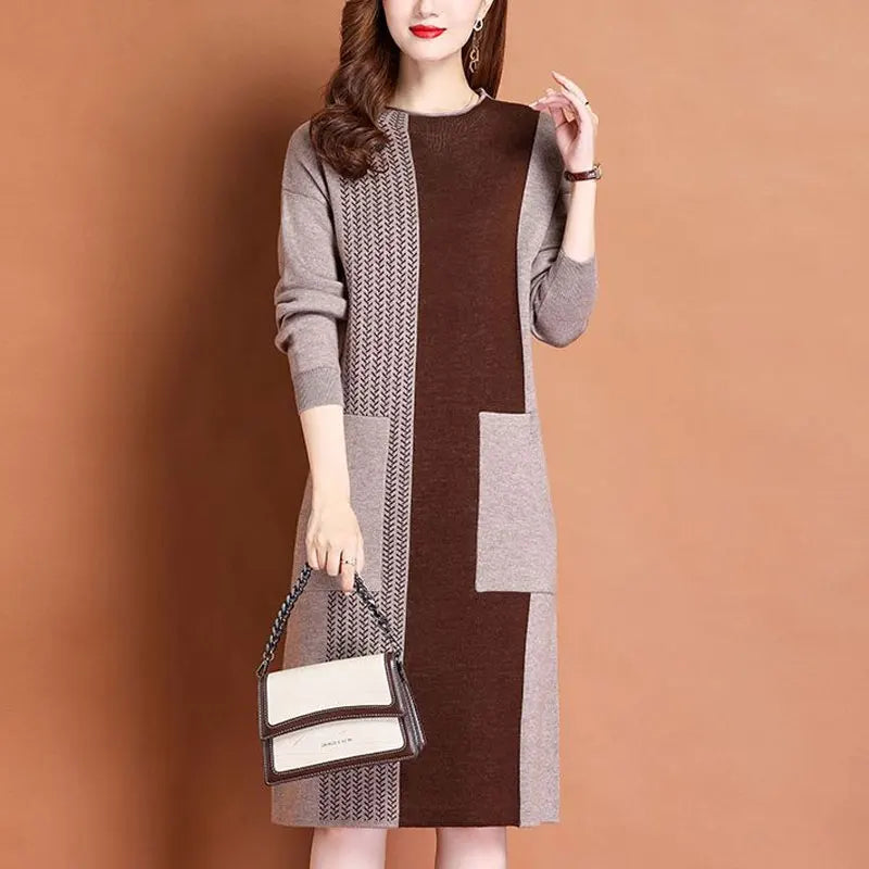 Vintage Spliced Printed Knitted Dresses Autumn Winter Casual O-Neck Women's Clothing Fashion Pockets All-match A-Line Midi Dress
