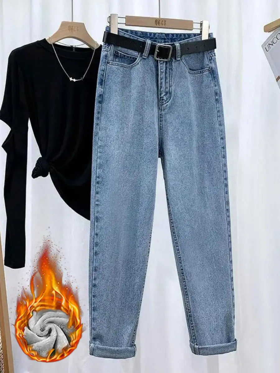 Women's Fce Lined High Waist Straight Leg Jeans Thiened Warm Nine Point Harlan Dad Pants Slimming Tapered Cuffed Ankle