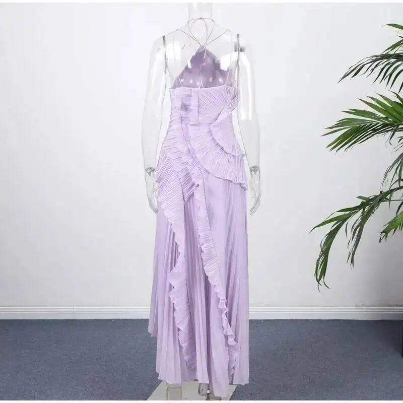 Giyu Sexy Evening Party Dresses Women Summer Halter Prom Gown Ruffles Lotus Edge Tiered Backless Robe Elegant Chiffon Long Dress