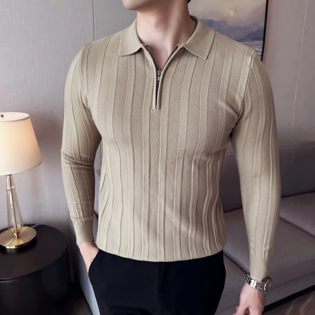 Men's Zip-Front Knit Sweater - White Polo Collar (Black/Burgundy/Cream) M-4XL Soft Touch Autumn Winter Casual Style