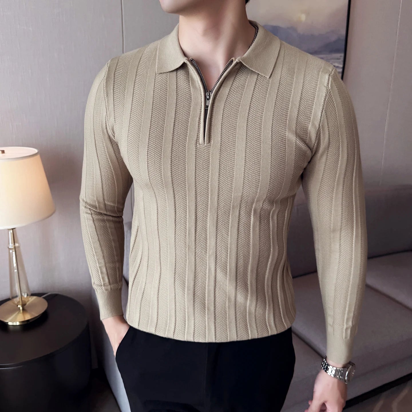 Men's Zip-Front Knit Sweater - White Polo Collar (Black/Burgundy/Cream) M-4XL Soft Touch Autumn Winter Casual Style