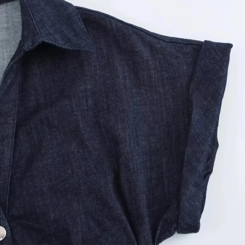 Denim Dress Women's Spring Summer Casual Long Dresses For Women 2026 New Fashion Ruched Short Sleeve Streetwear Midi Dress