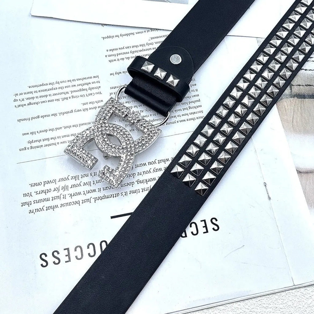 YK2 luxury·hot girl women's rhinestone belt, unique punk fashion rivet leather belt, versatile embedded decorative belt