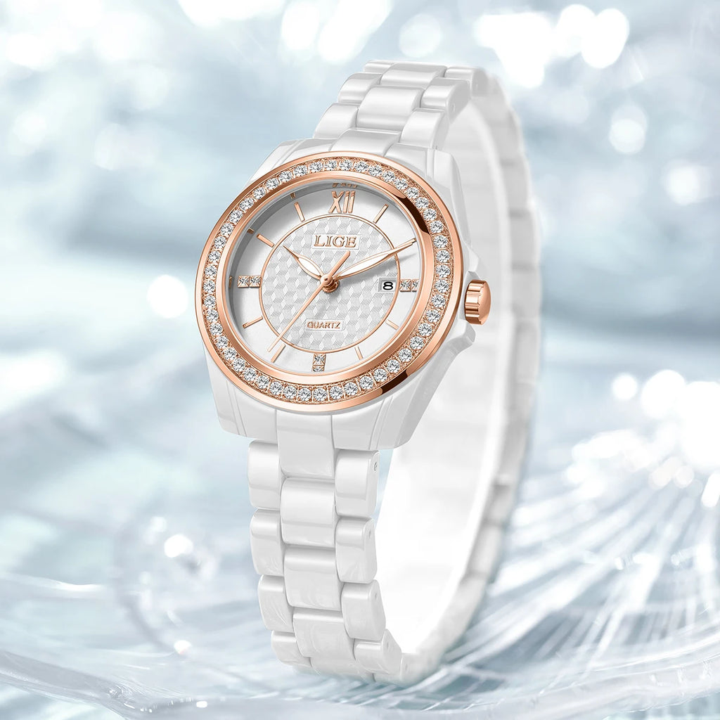 New LIGE Fashion Quartz Watch for Women Ceramics Strap Waterproof Date Women's Watches Elegant Luxury Diamond Ladies Wristwatch